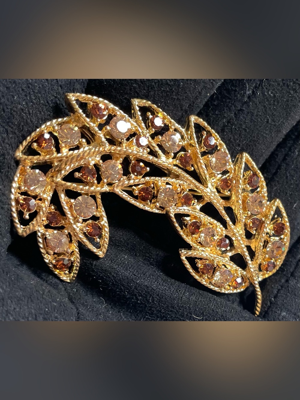 Gold Leaf Brooch with Amber and Champagne Crystals